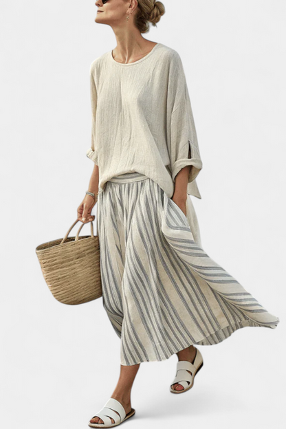 Aurcyn | Blouse Confortable et Longue & Jupe Midi Rayée