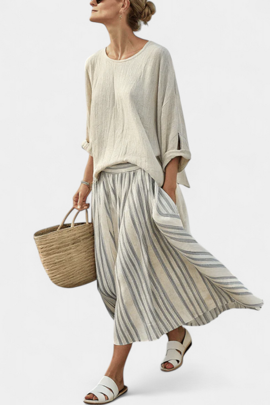 Aurcyn | Blouse Confortable et Longue & Jupe Midi Rayée