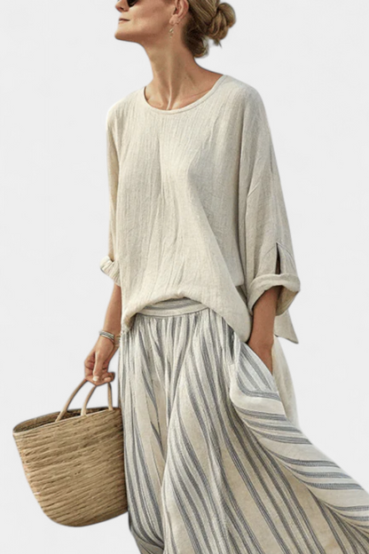 Aurcyn | Blouse Confortable et Longue & Jupe Midi Rayée