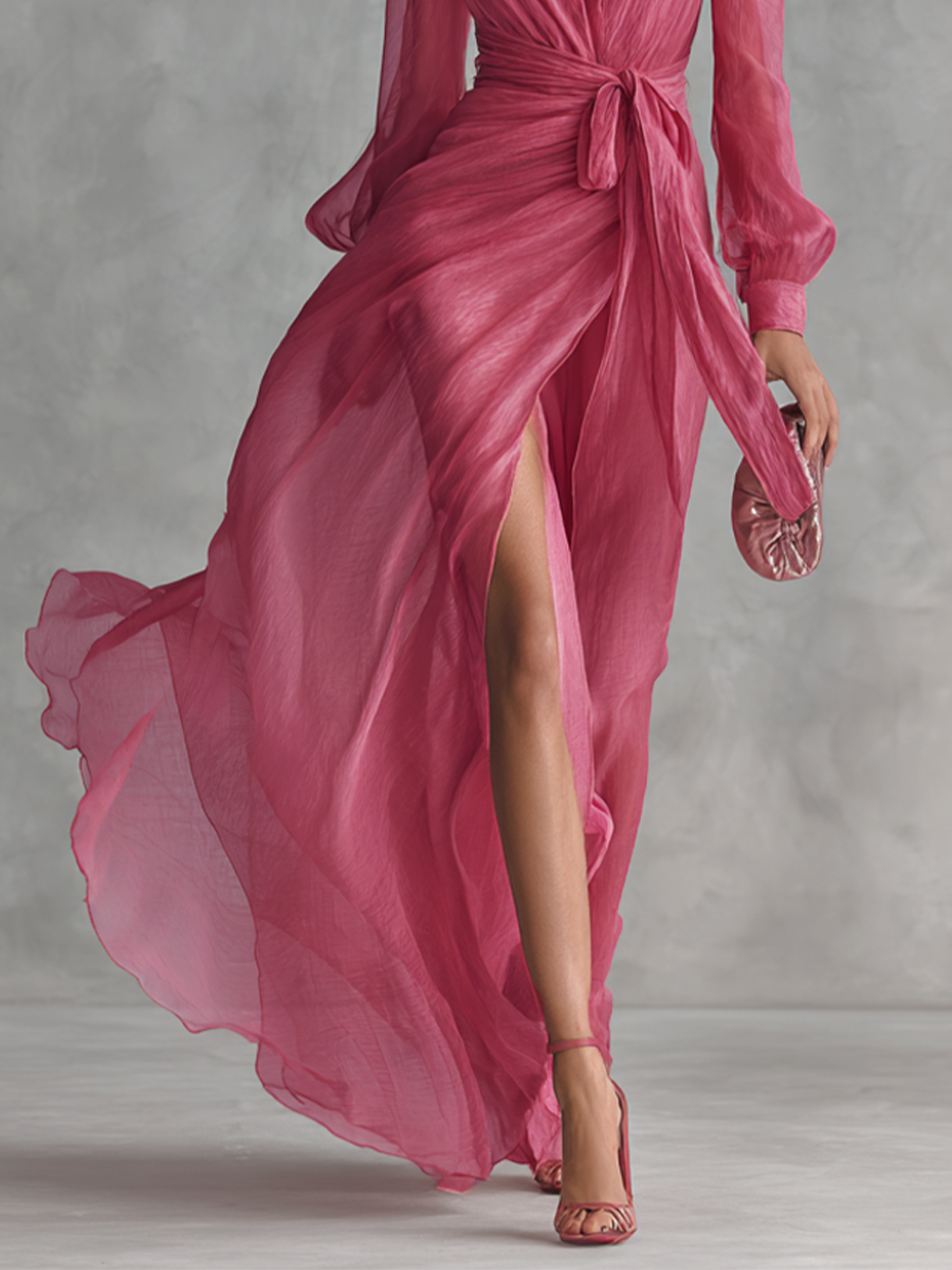 Robe Longue Élégante Femme en Chiffon Rose Pâle avec Perles, Décolleté en V et Taille Ajustée