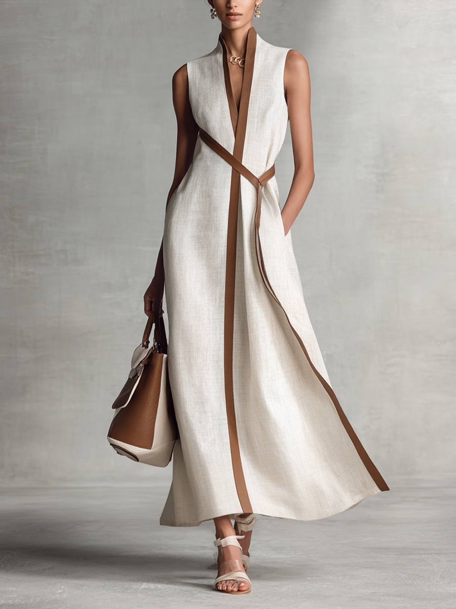 Robe Maxi en Coton et Lin Sans Manches avec Décolleté en V et Ceinture à Nouer pour Femmes