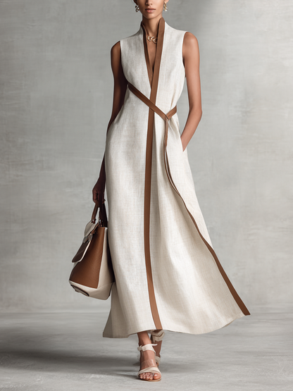 Robe Maxi en Coton et Lin Sans Manches avec Décolleté en V et Ceinture à Nouer pour Femmes