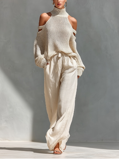 Ensemble Haut Col Montant avec Épaules Dégagées en Tissu Beige pour Femmes & Pantalons à Jambe Large