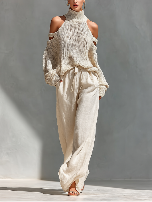 Ensemble Haut Col Montant avec Épaules Dégagées en Tissu Beige pour Femmes & Pantalons à Jambe Large
