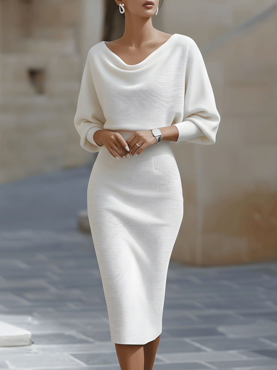 Robe Midi Drapée Blanche à Manches Chauve-Souris