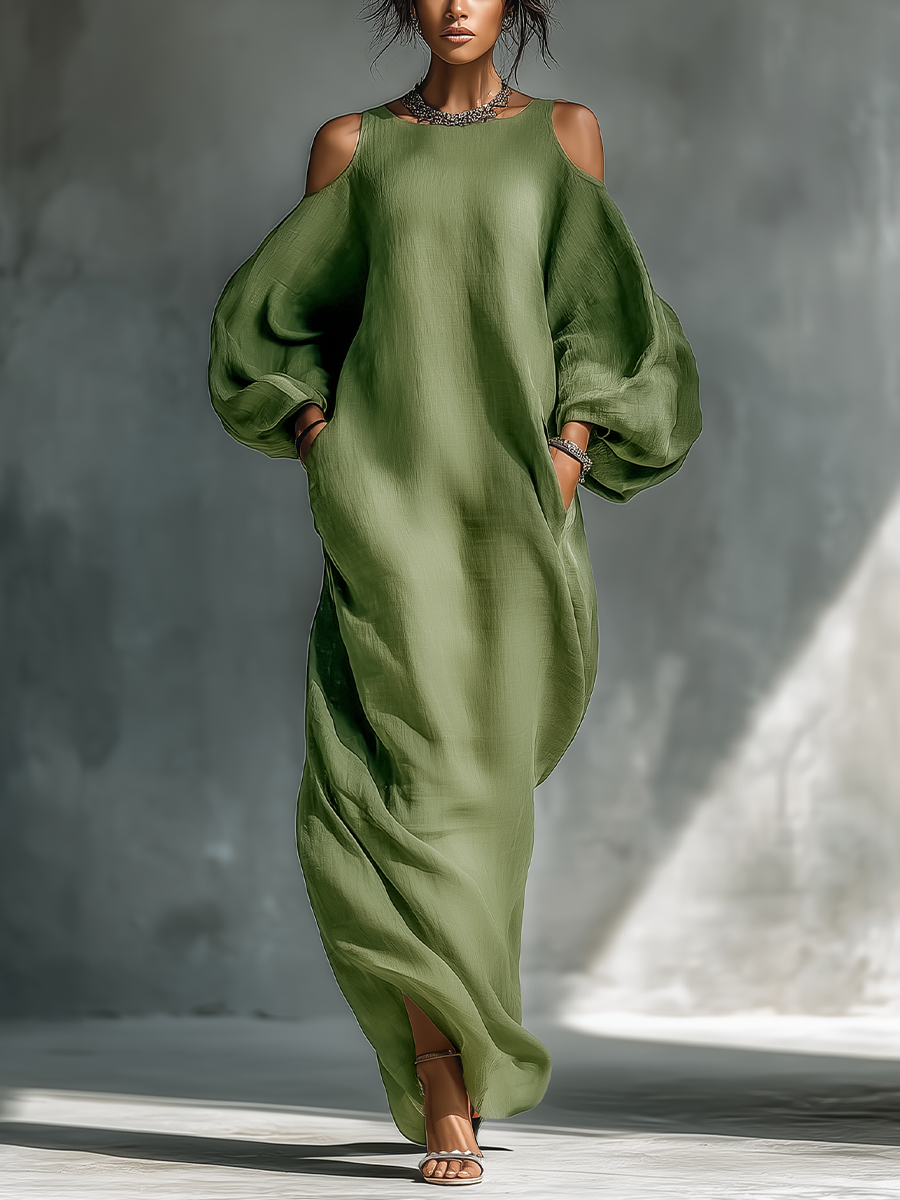Robe maxi femme vert clair avec épaules dénudées, manches bouffantes oversize et poches latérales