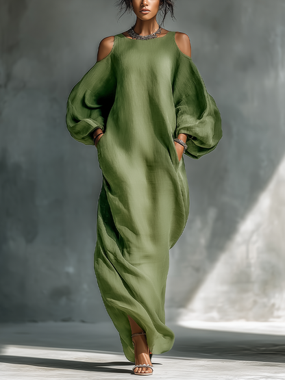 Robe maxi femme vert clair avec épaules dénudées, manches bouffantes oversize et poches latérales