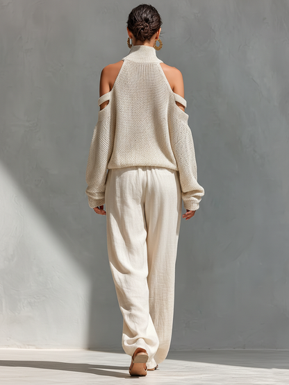 Ensemble Haut Col Montant avec Épaules Dégagées en Tissu Beige pour Femmes & Pantalons à Jambe Large