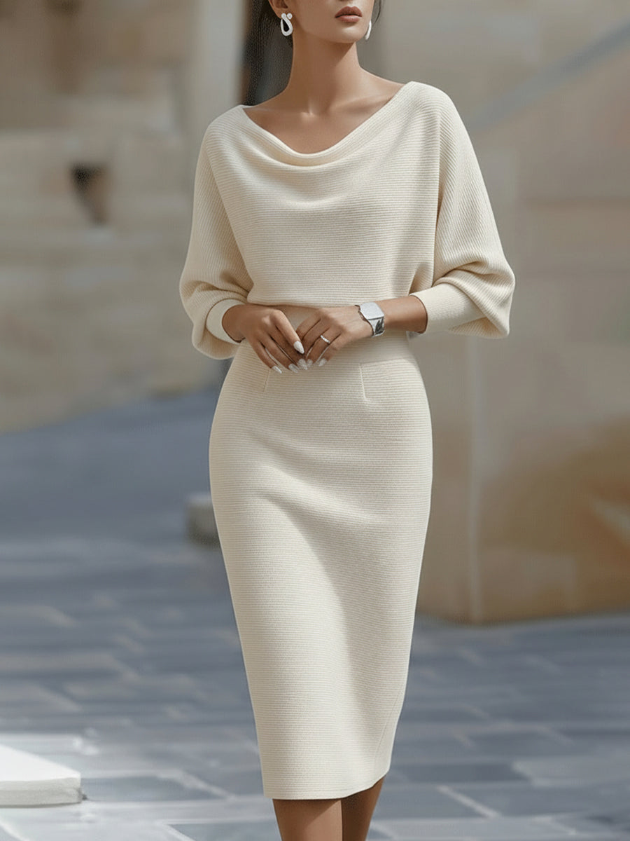 Robe Midi Drapée Blanche à Manches Chauve-Souris