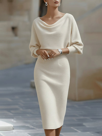 Robe Midi Drapée Blanche à Manches Chauve-Souris