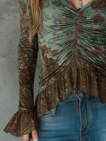Blouse Boho Vert Sauge et Bronze avec Volants et Ourlet Froncé