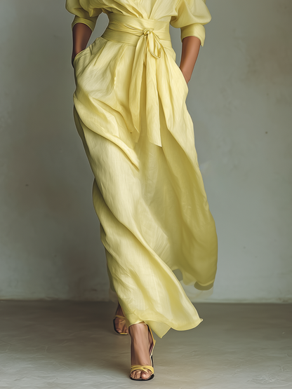 Robe Chemise Maxi Femme Jaune Citron En Coton Et Lin Avec Ceinture À Nouer & Manches Trois Quarts