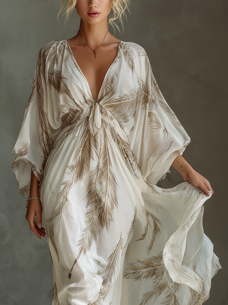 Robe Maxi en Chiffon Ivoire et Taupe avec Manches Dolman et Devant Tressé avec Imprimé de Feuille de Palmier