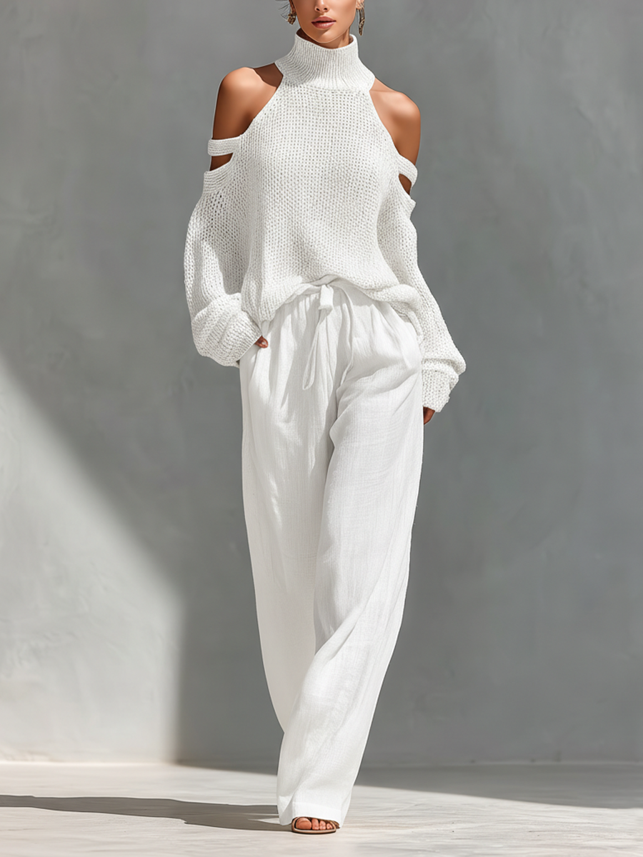 Ensemble Haut Col Montant avec Épaules Dégagées en Tissu Beige pour Femmes & Pantalons à Jambe Large