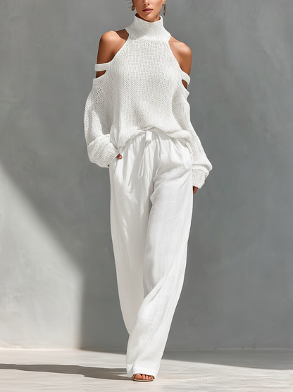 Ensemble Haut Col Montant avec Épaules Dégagées en Tissu Beige pour Femmes & Pantalons à Jambe Large