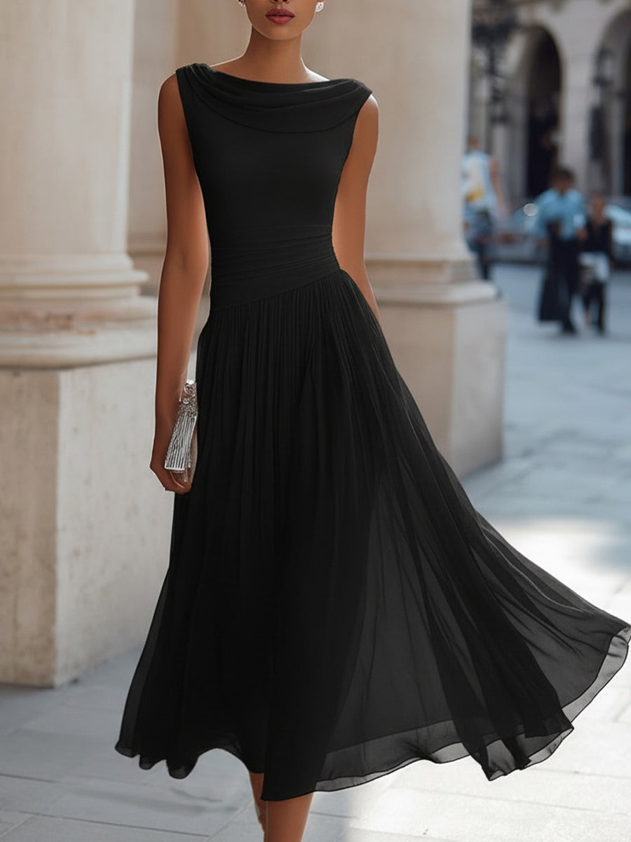 Robe Midi Sans Manches à Col Drapé