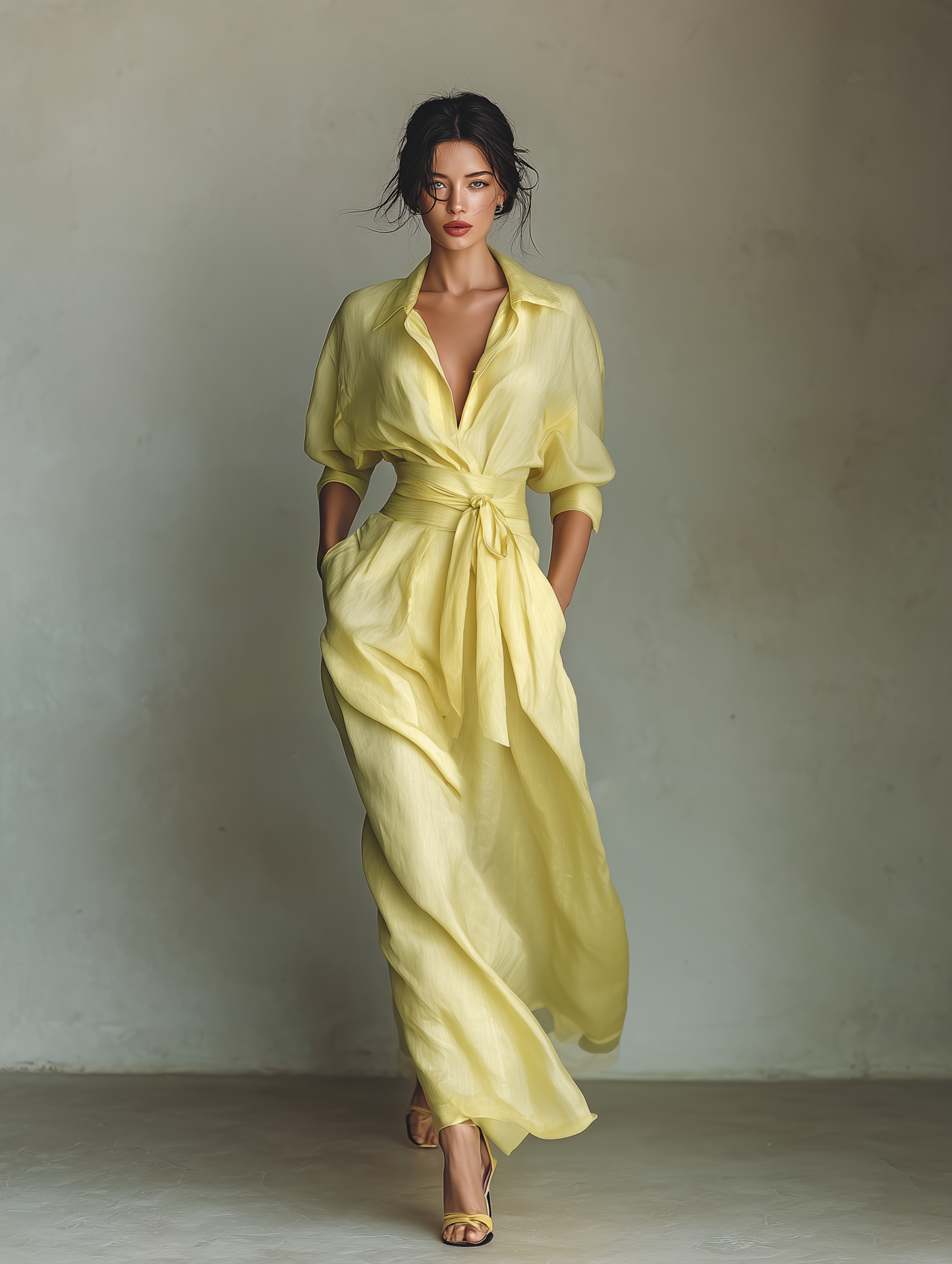 Robe Chemise Maxi Femme Jaune Citron En Coton Et Lin Avec Ceinture À Nouer & Manches Trois Quarts