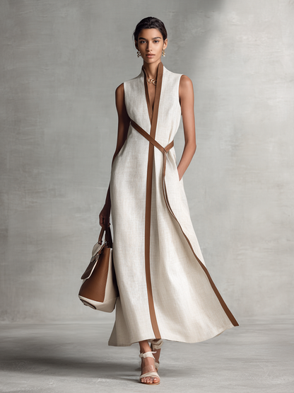 Robe Maxi en Coton et Lin Sans Manches avec Décolleté en V et Ceinture à Nouer pour Femmes