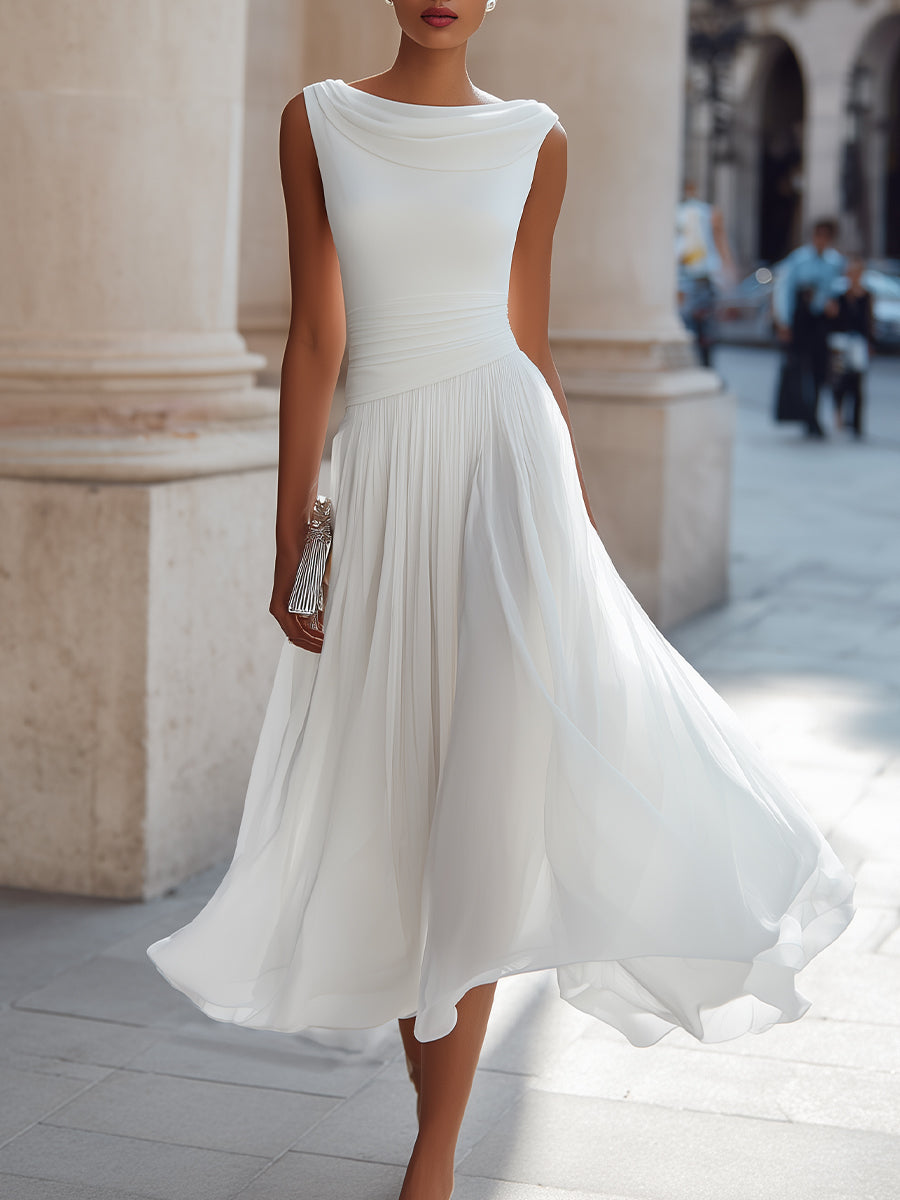 Robe Midi Sans Manches à Col Drapé