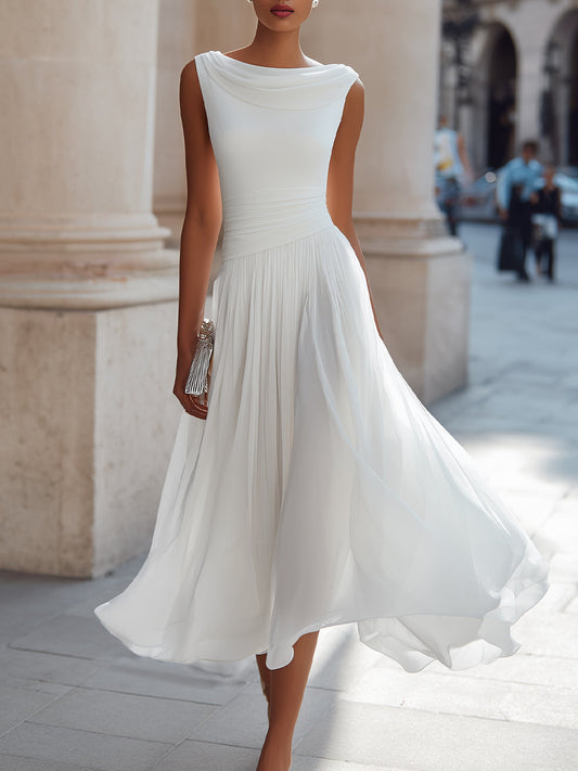 Robe Midi Sans Manches à Col Drapé