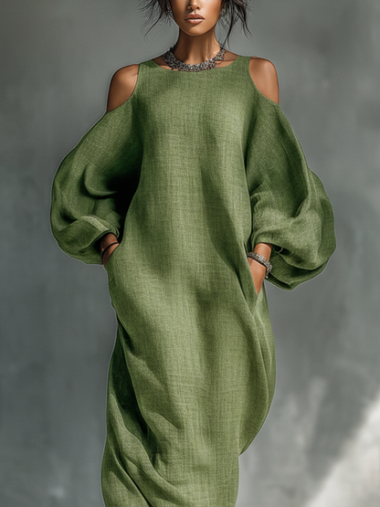 Robe maxi femme vert clair avec épaules dénudées, manches bouffantes oversize et poches latérales