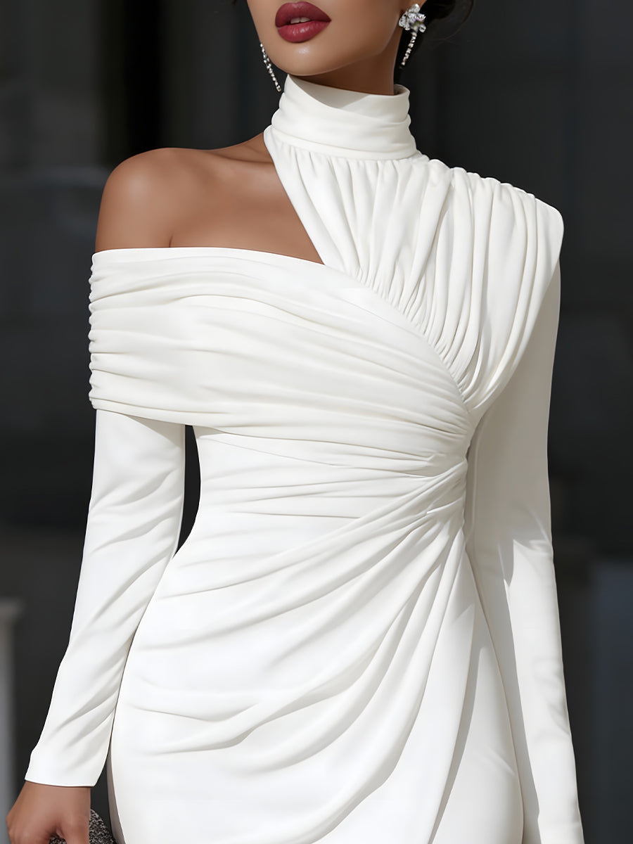 Robe de Soirée Asymétrique Drapée à Col Montant Une Épaule