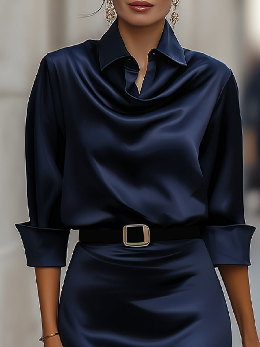 Robe Midi Élégante en Satin avec Col Drapé et Ceinture Noire