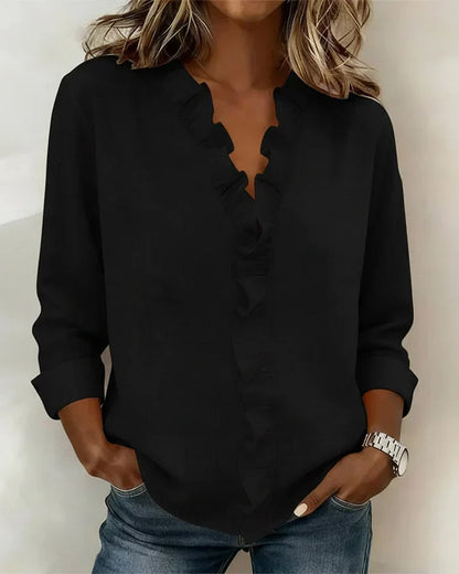 Yvonne | Blouse avec Volants, Col en V et Manches Longues