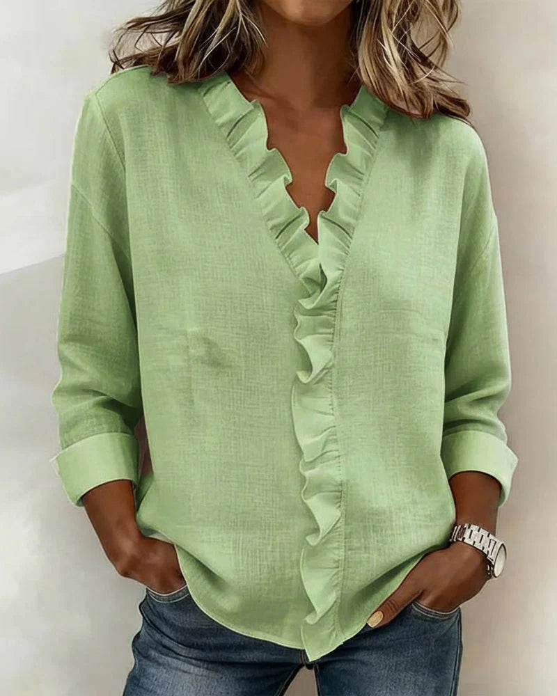 Yvonne | Blouse avec Volants, Col en V et Manches Longues