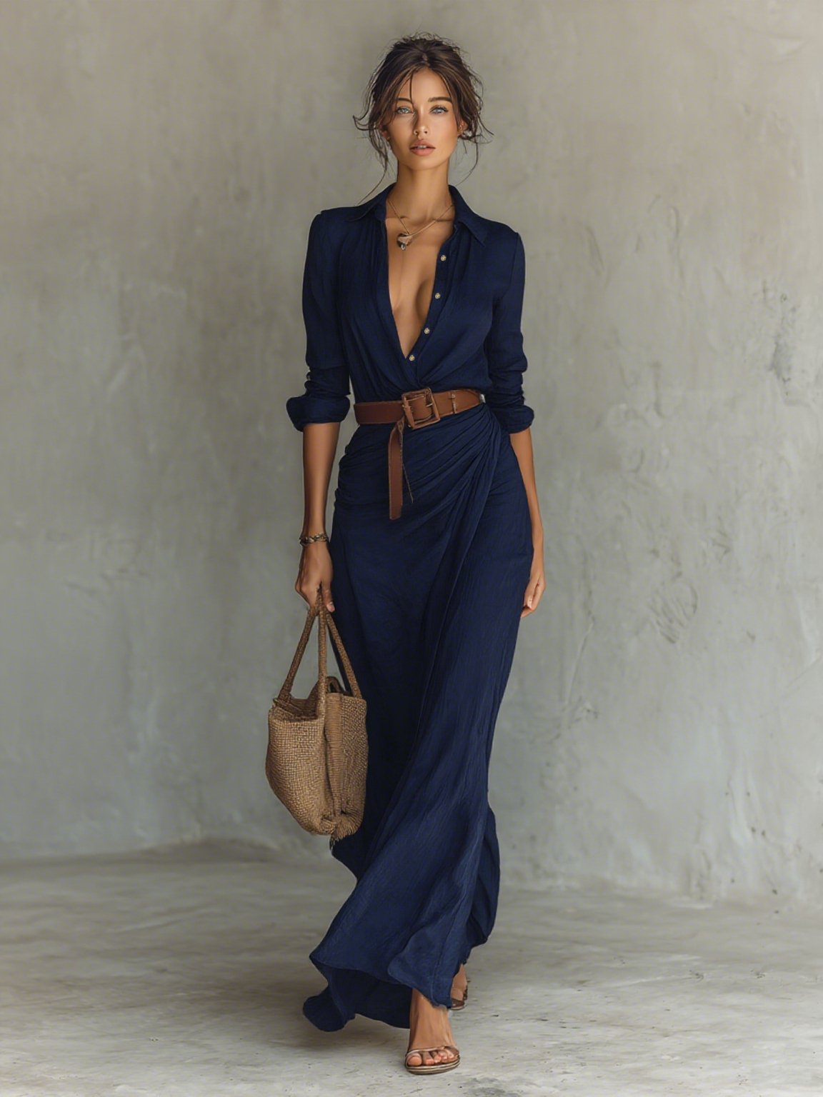 Robe Maxi Longue avec Col Revers et Manches Longues pour Femmes