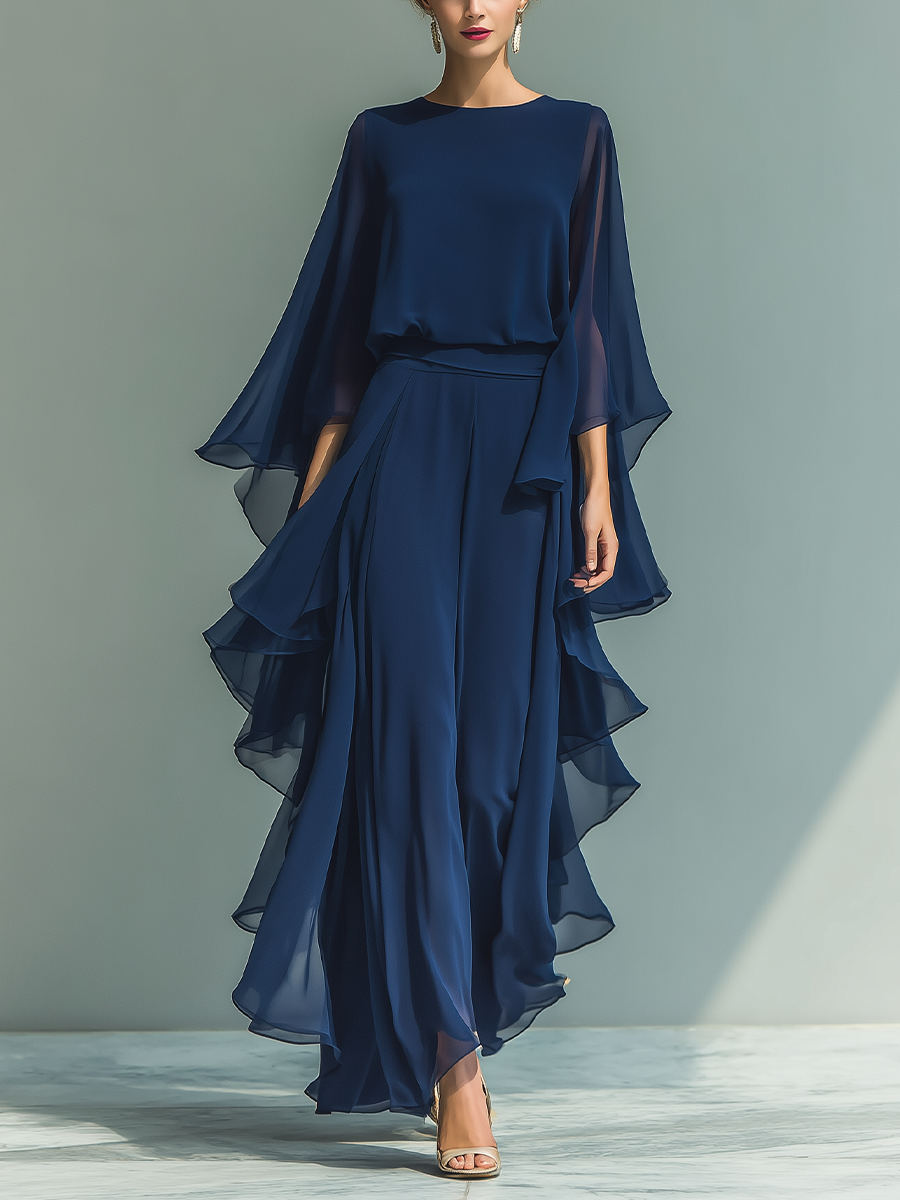 Ensemble Femme Top Chiffon Bleu Marine Avec Manches Évasées Et Pantalons Droits Avec Détails Volants