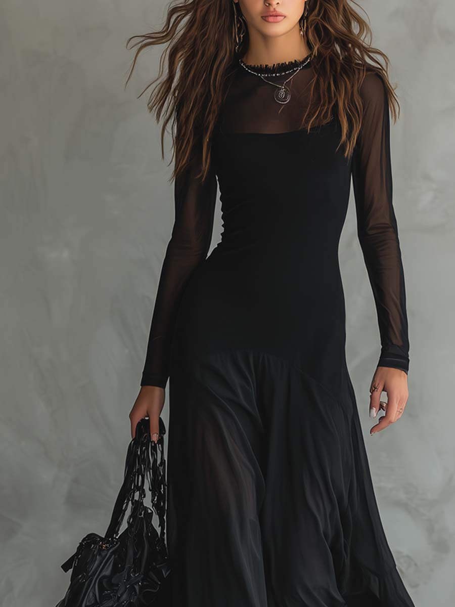 Elena · Robe maxi noire avec manches transparentes