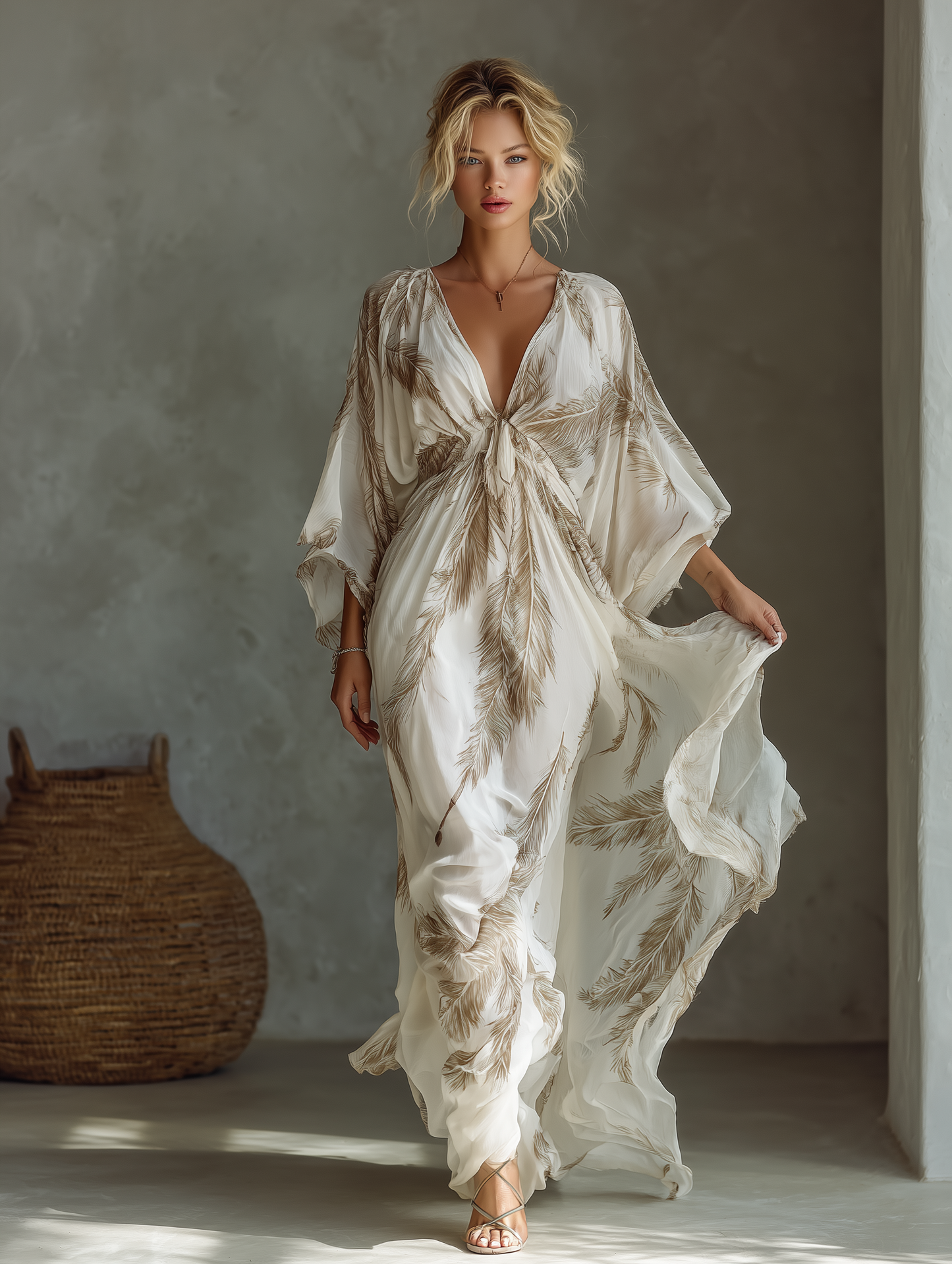 Robe Maxi en Chiffon Ivoire et Taupe avec Manches Dolman et Devant Tressé avec Imprimé de Feuille de Palmier