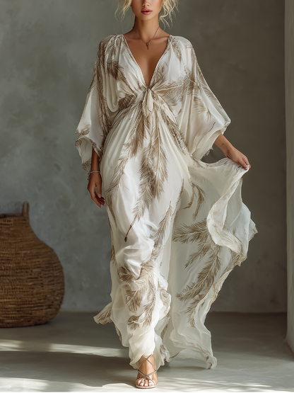Robe Maxi en Chiffon Ivoire et Taupe avec Manches Dolman et Devant Tressé avec Imprimé de Feuille de Palmier