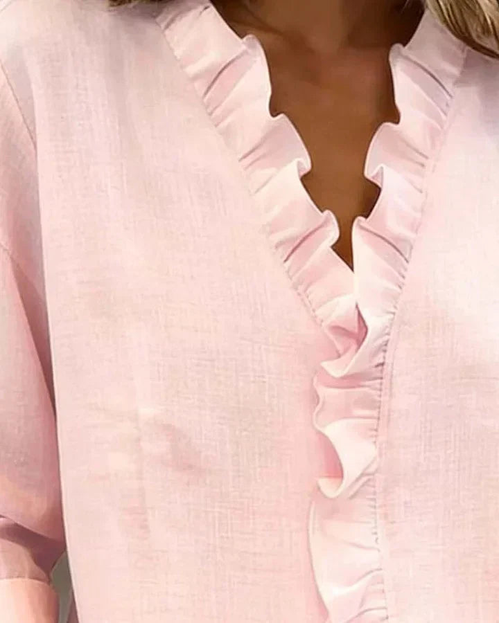 Yvonne | Blouse avec Volants, Col en V et Manches Longues