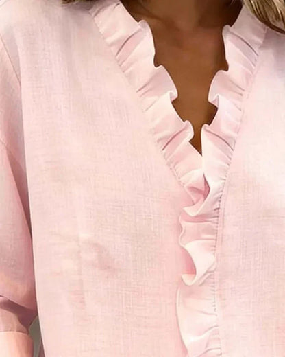 Yvonne | Blouse avec Volants, Col en V et Manches Longues
