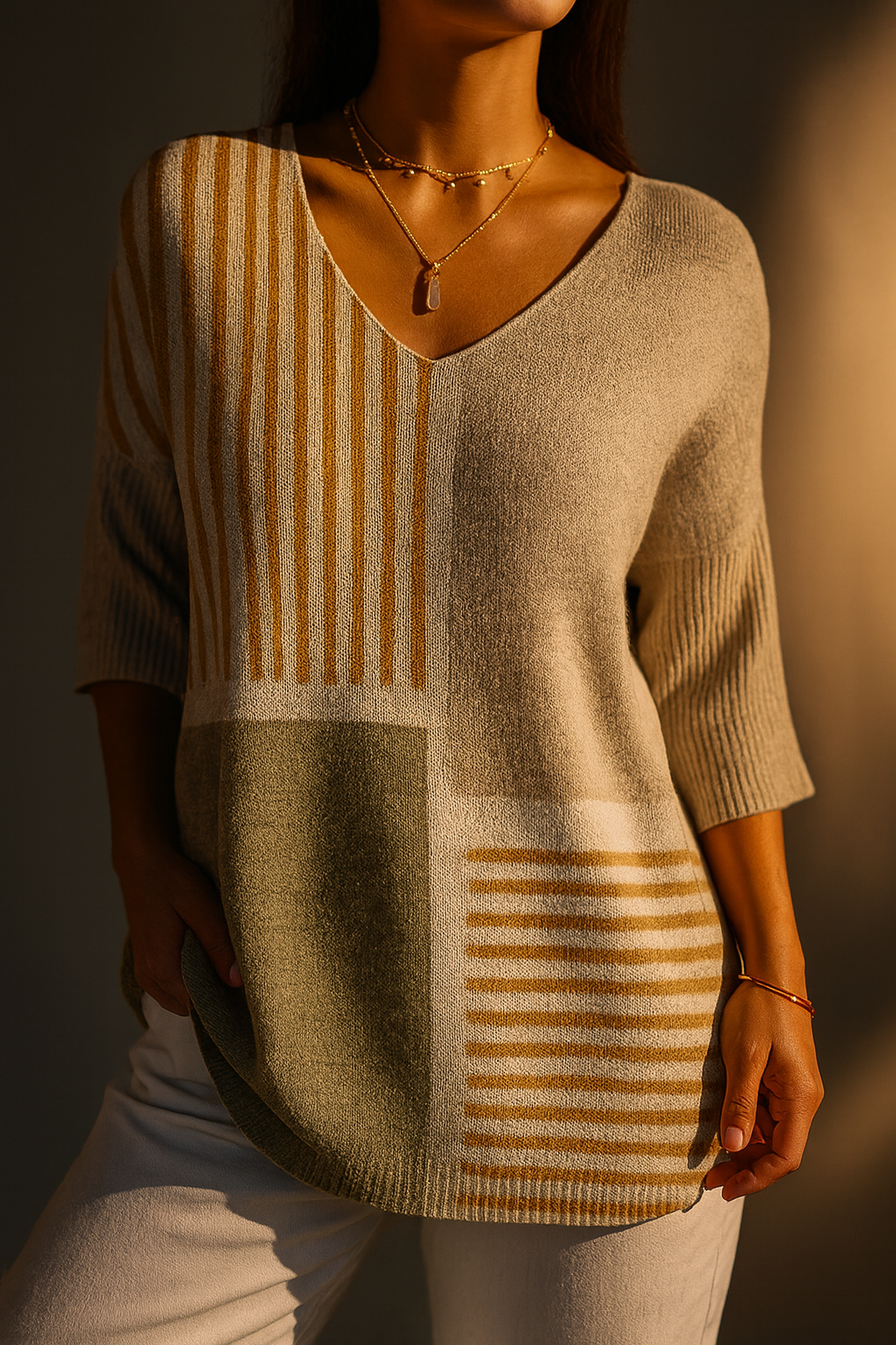 Pull en tricot décontracté avec motif géométrique abstrait pour femmes