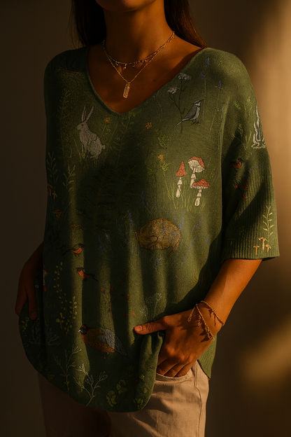 Pull en tricot imprimé avec motif de forêt et d'animaux pour femmes