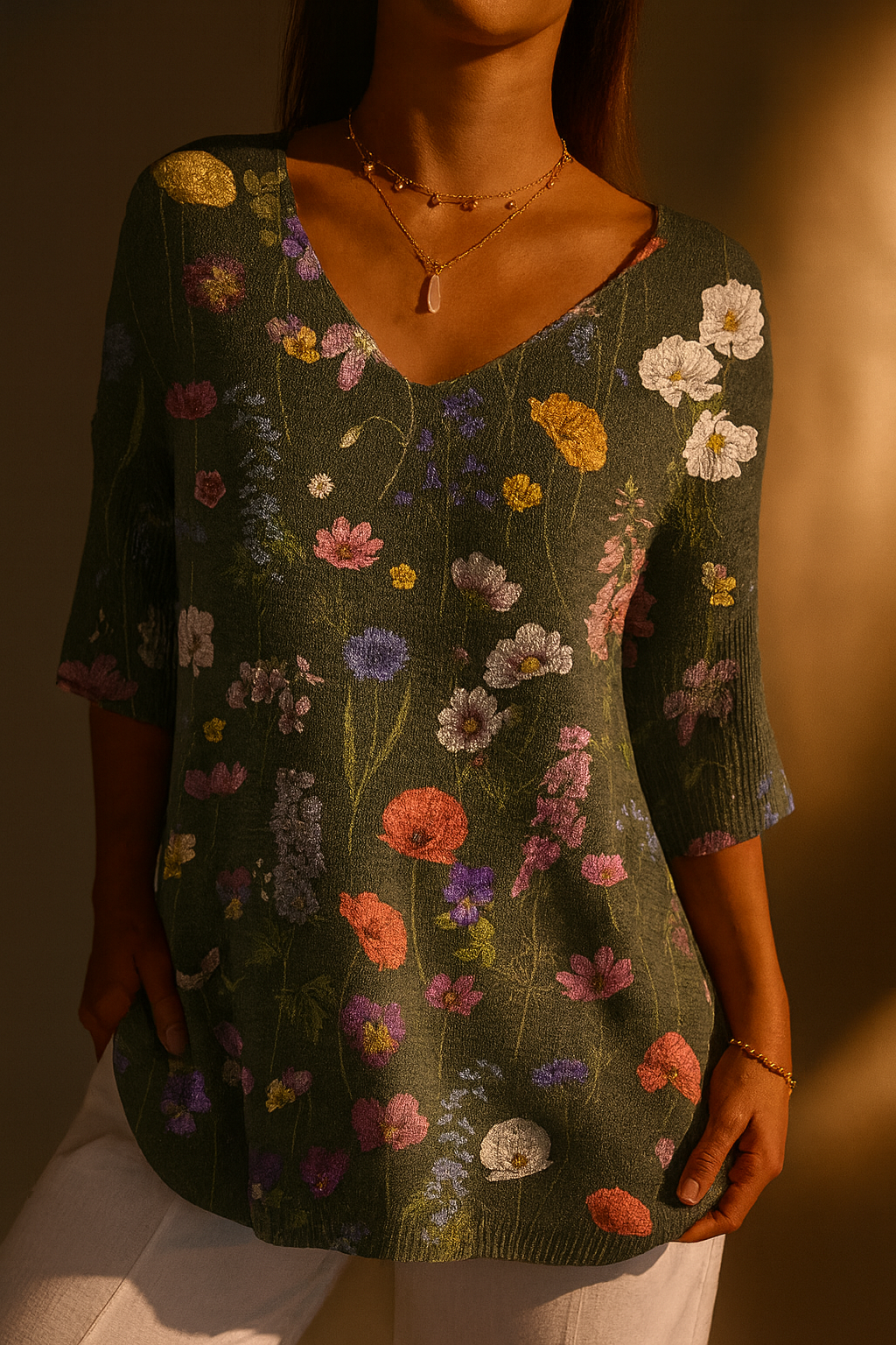 Pull en Tricot Imprimé avec Motif Botanique Printanier pour Femmes