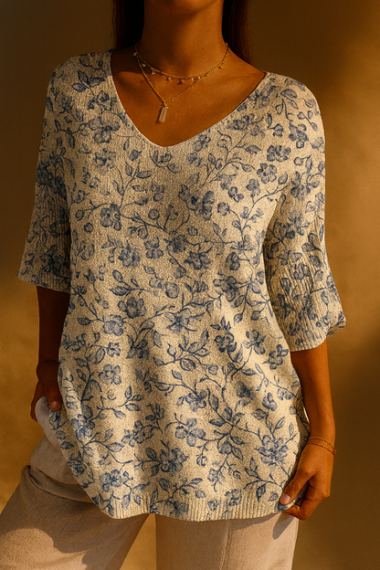 Pull décontracté en tricot à imprimé de petites fleurs bleues pour femmes