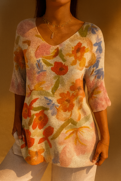 Pull en tricot floral vintage pour femmes
