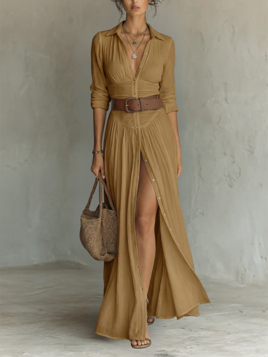 Robe Maxi avec Col Revers et Manches Longues