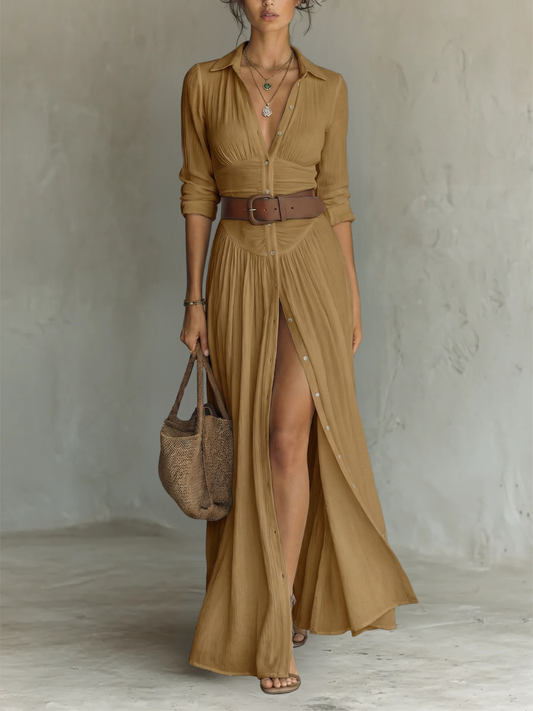 Robe Maxi avec Col Revers et Manches Longues