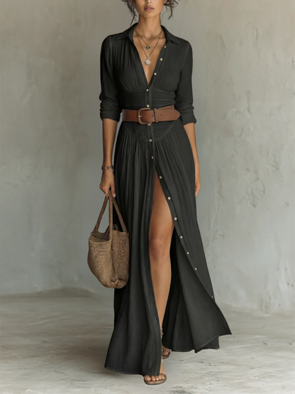 Robe Maxi avec Col Revers et Manches Longues