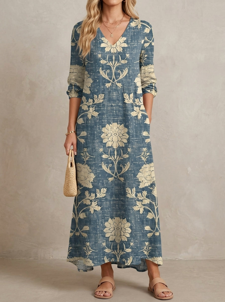 Colette · Robe fleurie col en V, manches longues et poches