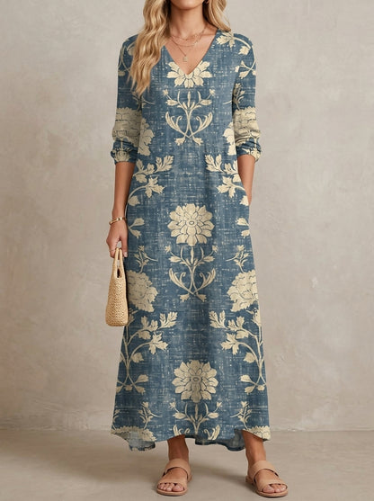 Colette · Robe fleurie col en V, manches longues et poches
