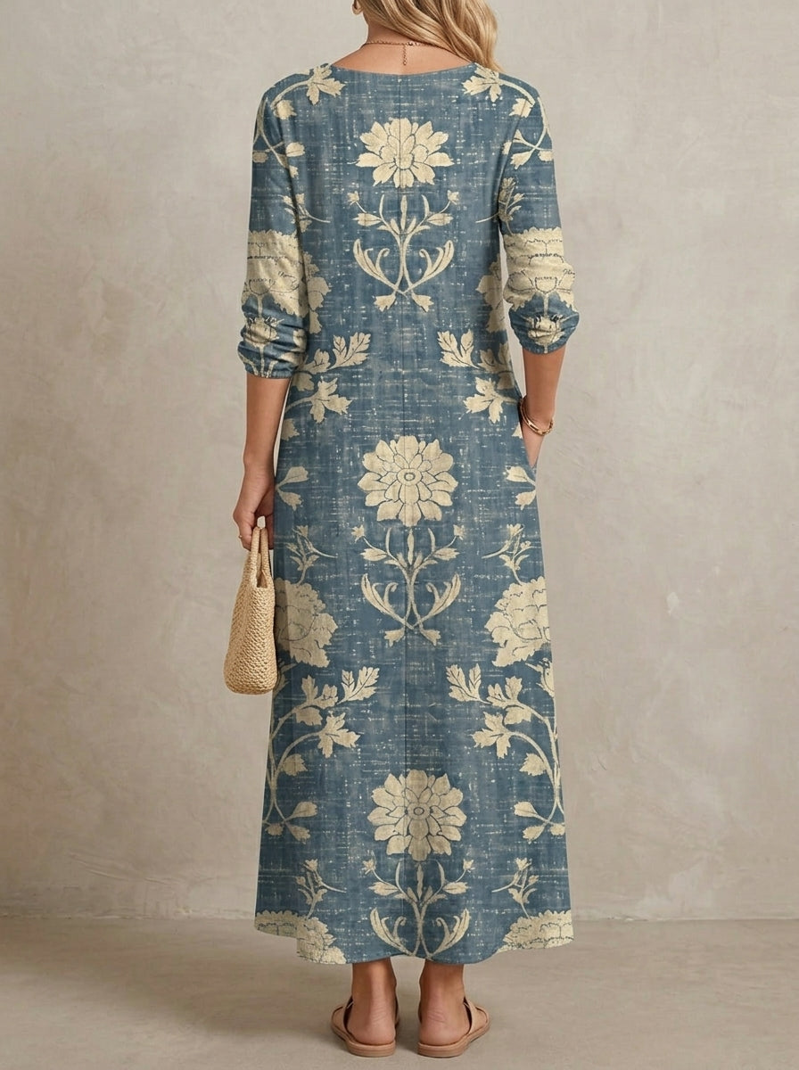 Colette · Robe fleurie col en V, manches longues et poches