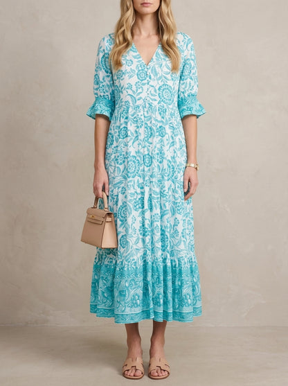 Hélène · Robe maxi fleurie col en V, légère et fluide