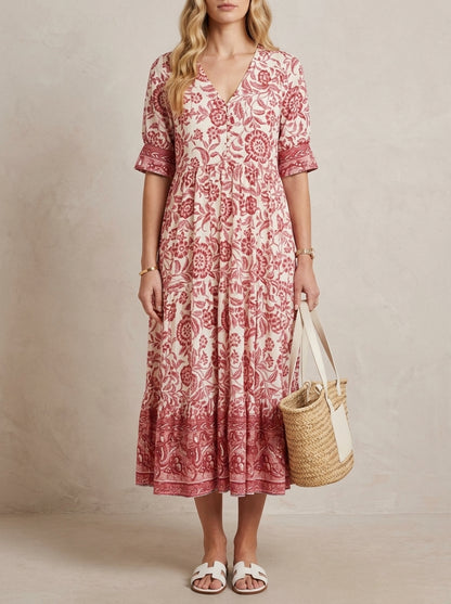 Hélène · Robe maxi fleurie col en V, légère et fluide