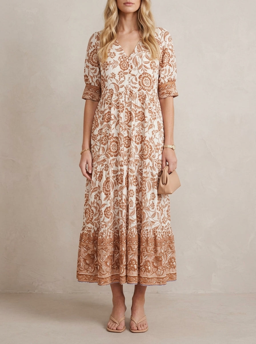 Hélène · Robe maxi fleurie col en V, légère et fluide